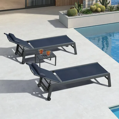 Vista 16 de PURPLE LEAF Juego de sillas de lounge al aire libre de gran tamaño de 3 piezas para patio, tumbona para piscina, estructura de aluminio con mesa