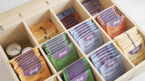 Vista 4 de Naturustic - Caja grande de bambú para bolsitas de té, caja de almacenamiento, soporte para bolsa de té con 2 cajones y 12 compartimentos