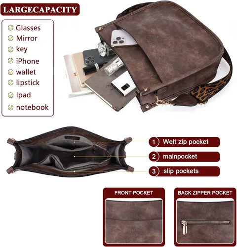 Vista 3 de HKCLUF Bolso cruzado para mujer, 2 piezas, de cuero, con 2 correas ajustables de leopardo, bolsa cruzada