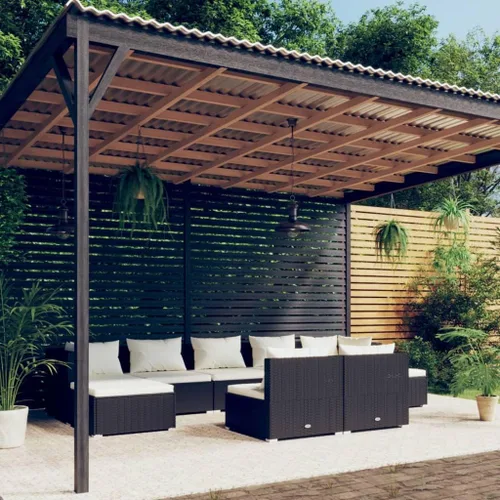 Vista 12 de Sofá de 3 plazas con cojines de ratán de poliéster marrón, juego de muebles de patio al aire libre con 3 sofás centrales para patio trasero, jardín