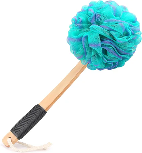 Vista 8 de FORENEE - Esponja negra en palo, malla de polietileno con mango de madera Soft PE mesh creates rich lather for gentle cleansing; water-resistant