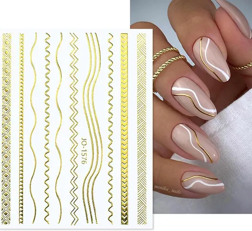 Vista 2 de 12 hojas de calcomanías de uñas doradas, calcomanías de uñas autoadhesivas 3D de metal con diseño de rayas geométricas onduladas, diseños de arte