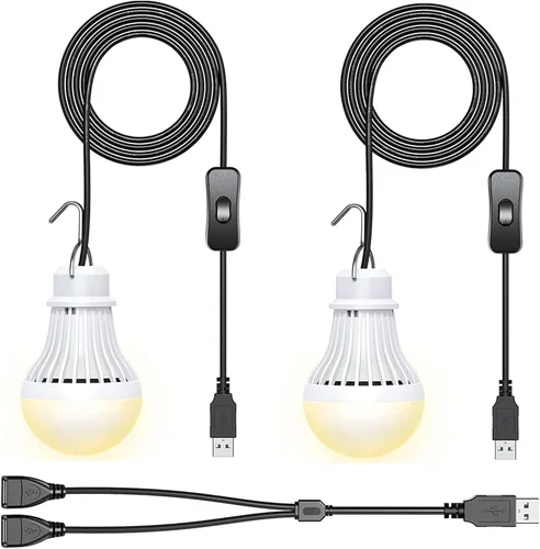 Vista 9 de Paquete de 2 bombillas de luz USB, linterna de luz LED USB para acampar, luz de tienda con cable de 8.2 pies de longitud extra y cable USB en Y