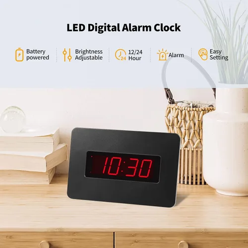 Vista 2 de Reloj de pared digital con batería con pantalla LED, reloj de pared con retroiluminación, mesa, alarma, brillo ajustable, 12/24 horas