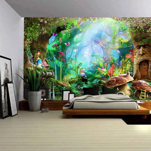 Vista 2 de Aidatain Tapiz de bosque de cuento de hadas, para colgar en la pared, diseño de hongos, de franela, grande, 80 x 60 pulgadas, tapices de paisaje