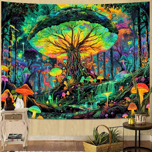 Vista 13 de Kanuyee Tapiz de luz negra de neón para colgar en la pared, bosque encantado, cascada, tapices para dormitorio, tapices UV, para colgar en la pared