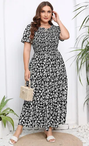 Vista 6 de Younrui Vestido largo escalonado fruncido para mujer, talla grande, con bolsillos, elegante, manga corta, cuello redondo, floral, bohemio, vestido