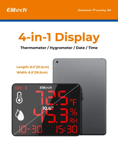 Vista 4 de Elitech Termómetro higrómetro Bluetooth reutilizable registrador de datos con pantalla grande de almacenamiento de datos, DR-230-THDE con doble