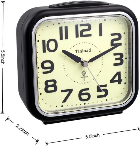 Vista 8 de Tinload Reloj despertador analógico grande de 5.5 pulgadas, silencioso, sin tictac, esfera que brilla en la oscuridad, despertador suave, sonidos
