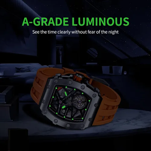 Vista 4 de TSAR BOMBA Reloj automático de lujo para hombre, forma tonneau, esqueleto, mecánico, 50 m, impermeable, analógico, relojes únicos, plateados