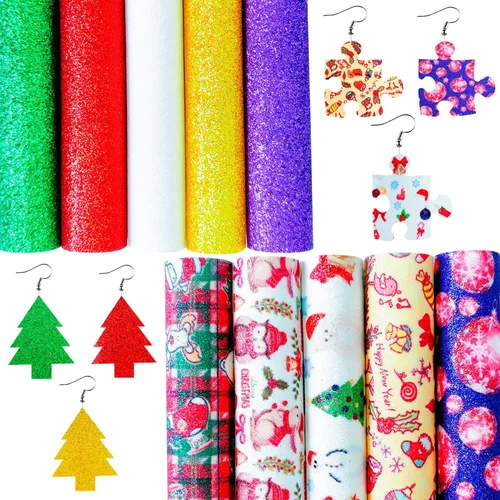 Vista 13 de Sábanas de piel sintética con estampado de copos de nieve de Navidad, 8 x 12 pulgadas, tela brillante con purpurina fina para lazos, manualidades
