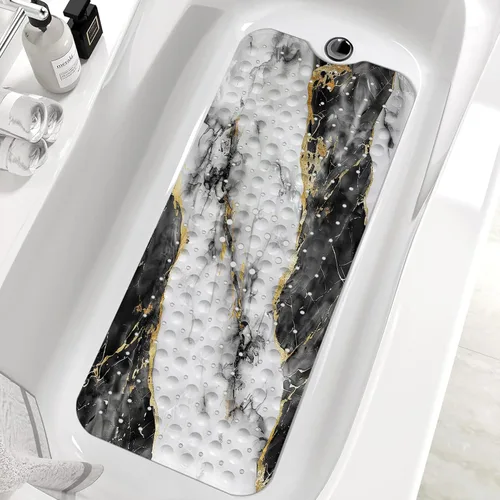 Vista 10 de Alfombrilla de Bañera de Mármol Antideslizante, Negra, Blanca y Dorada, Alfombrilla de Baño Antideslizante para Ducha, Grande, Lavable, con Agujeros