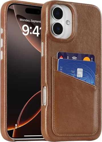 Vista 33 de LUCKYCOIN Funda de piel 100% auténtica tipo cartera para iPhone 13, diseño delgado con tarjetero y funda protectora a prueba de golpes, forro