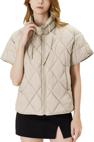 Vista 2 de Ogfao Chaleco acolchado de manga corta para mujer, chaleco ligero, chaqueta acolchada con bolsillos