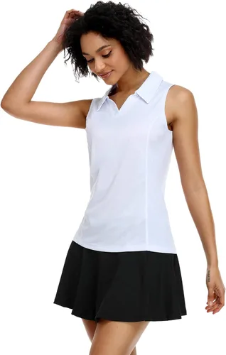 Vista 2 de COOrun Polo de golf para mujer, sin mangas, de secado rápido, ligero, cuello en V, con cuello en V