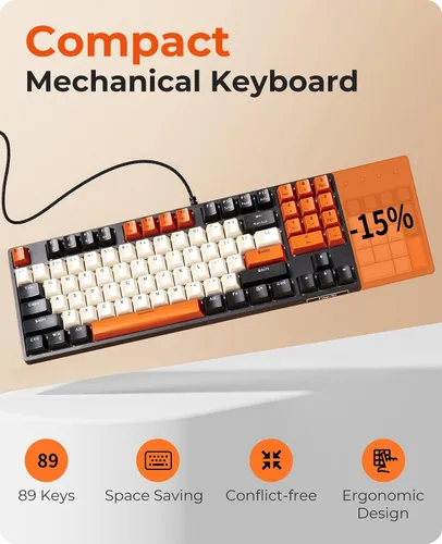 Vista 2 de Havit Teclado mecánico, teclado de PC compacto con cable con almohadilla numérica, interruptor rojo, teclado mecánico para juegos, 89 teclas