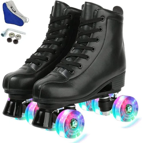 Vista 6 de XUDREZ Double-Row Roller Skates for Unisex - PU Leather High-Top Four-Wheel Shiny Skates