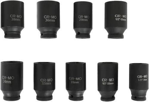 Vista 9 de Juego de dados de eje de impacto profundo de 9 piezas, 1/2 pulgada, 6 puntos Cr-V Spindle Joint High Torque Wheel Nut Sockets Fit For Most Cars
