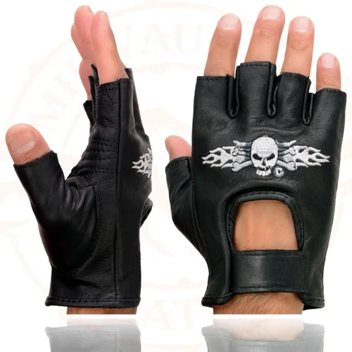 Vista 2 de Milwaukee Leather SH353 - Guantes de mano para motocicleta sin dedos acolchados de gel de cuero negro con calavera y huesos bordados