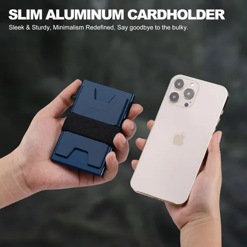 Vista 14 de Cartera delgada de aluminio para hombre, placa trasera expandible duradera, bloqueo RFID, billetera desplegable de metal minimalista, con capacidad