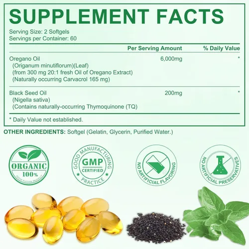 Vista 5 de Cápsulas blandas de aceite de orégano de 6000 mg por porción, 120 unidades 2 en 1 formulado con aceite de semilla negra de 200 mg, antioxidantes