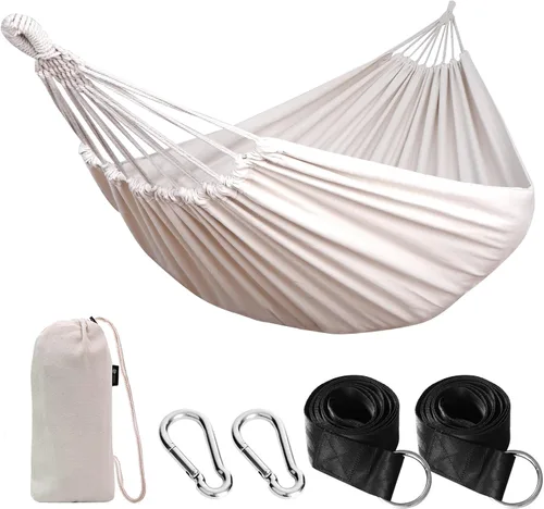 Vista 13 de Anyoo - Hamaca de algodón para jardín, con correas para colgar, hasta 660 libras, hamaca portátil con bolsa de viaje, perfecta para acampar al aire