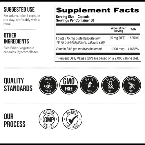 Vista 6 de L Metilfolato 15mg Plus Metil B12 Cofactor – Alta Potencia, Forma Activa 5-MTHF - Apoya el Estado de Ánimo, la Metilación, la Cognición – Formas