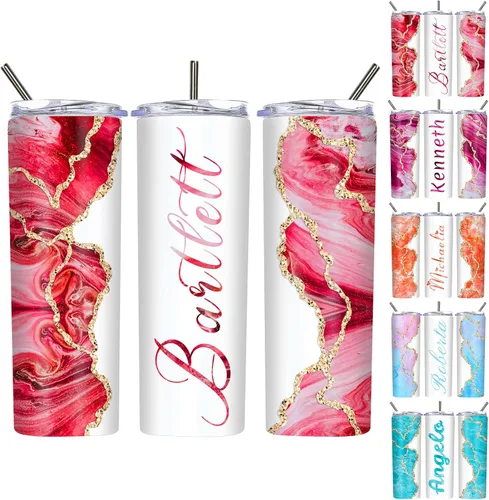 Vista 17 de Vasos delgados personalizados con tapas y pajitas de 20 onzas, diseño de mármol personalizado, vasos de acero inoxidable delgados con nombre