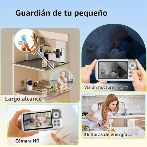 Vista 2 de Monitor de bebé de video de 5 pulgadas con cámara y audio, duración de la batería de 36 horas, cámara HD, zoom panorámico, inclinación 3X, monitor