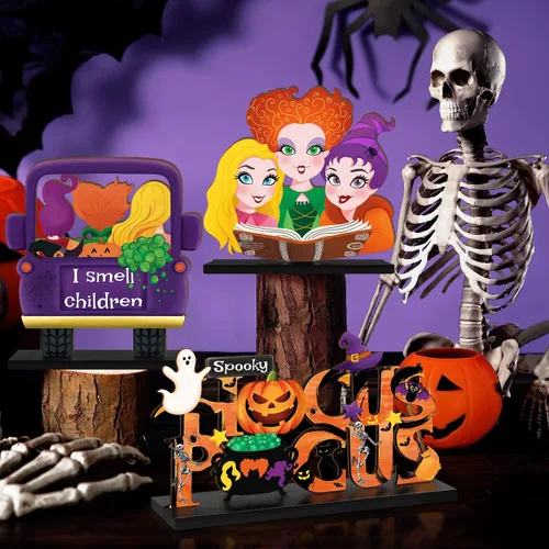 Vista 4 de 3 piezas de decoración de mesa de Halloween de Hocus Pocus, hermanas de bruja de Halloween, centro de mesa de madera para mesa de camión I Smell
