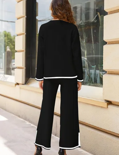 Vista 8 de Faleave Conjunto de 2 piezas de punto para mujer, suéter de manga larga, sin botones, pantalones de pierna ancha, conjunto de ropa deportiva
