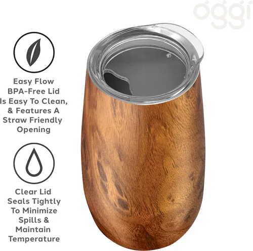 Vista 4 de OGGI Thermo Flute 'Celebrate Collection' - Vaso de copa de champán con aislamiento de acero inoxidable, grano de madera, 6 onzas, con tapa