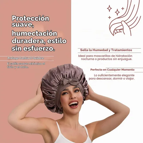 Vista 5 de LUCE Gorro de seda de satén para dormir, gorro de satén XL de doble capa de 600 hilos para mujer, gorro para dormir con lazo ajustable para Marrón