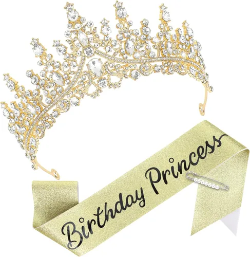 Vista 11 de CAVETEE Corona y banda de princesa de cumpleaños, corona de cumpleaños con banda de purpurina para decoraciones de fiesta de princesa, accesorios
