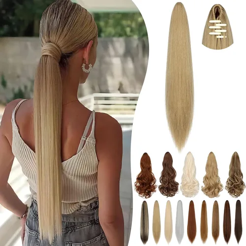Vista 25 de Extensión de cola de caballo de 18 pulgadas, 20 pulgadas, larga, rizada, ondulada, recta, con clip, de aspecto natural, extensión de cabello