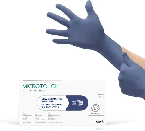 Vista 2 de Ansell MICRO-TOUCH NITRAFREE - Guantes de nitrilo de 3.9 mil, sin polvo con punta de dedo texturizada, talla L, azul (caja)