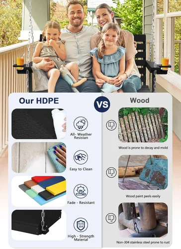 Vista 8 de Plawdlik Columpios de porche, silla de patio de 2 asientos con dos portavasos, banco impermeable de polietileno de alta densidad para patio