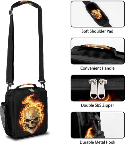 Vista 2 de Pardick Divertida bolsa de almuerzo aislada con calavera de fuego para adolescentes y niños, lonchera portátil reutilizable con correa