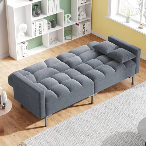 Vista 3 de Sofá cama plegable de tela moderna tapizado de lino con 2 almohadas y marco de metal para espacios pequeños compactos, dormitorio, sala de estar