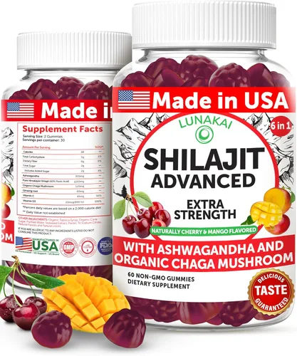Vista 5 de Lunakai Gomitas Shilajit puras hechas en Estados Unidos de 1200 mg con Ashwagandha y Chaga - Shilajit del Himalaya para hombres y mujeres, apoyo