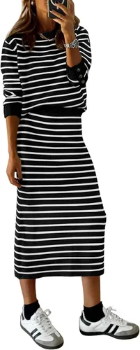 Vista 14 de PRETTYGARDEN - Conjunto de falda de suéter a rayas de 2 piezas para mujer Rayas de albaricoque