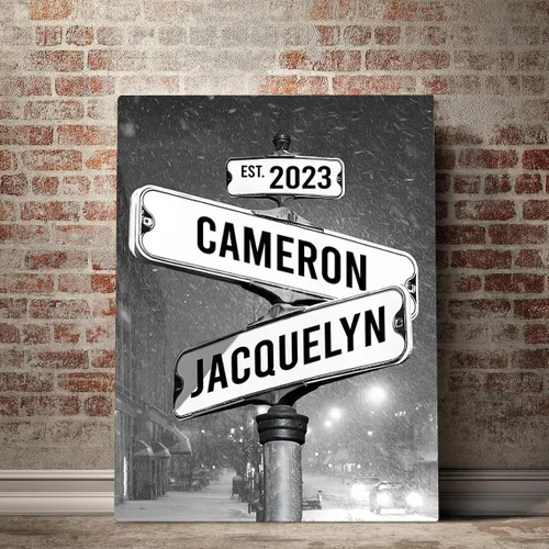 Vista 24 de Señal de calle vintage personalizada para parejas en lienzo, nombres y fecha personalizados, regalos de Navidad para ella o él, regalo del Día