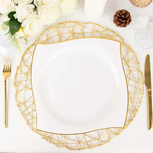 Vista 14 de Efavormart - Paquete de 10 platos cuadrados de postre de plástico con borde ondulado blanco y dorado de 8 pulgadas, elegante vajilla desechable