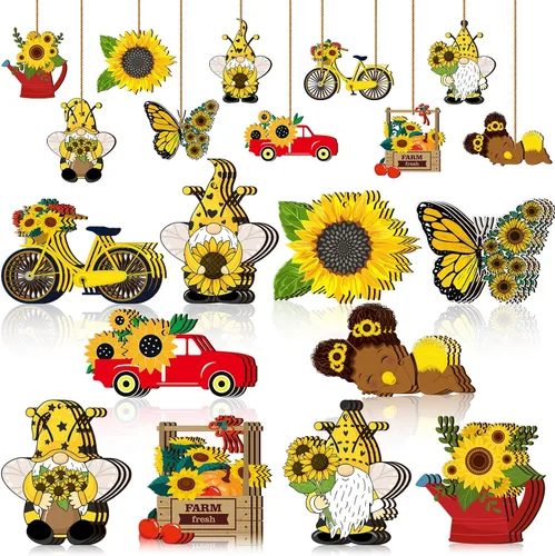 Vista 7 de Chunful Adorno de árbol de gnomo de girasol de verano, adornos colgantes de madera para primavera, decoración de árbol pequeño con cuerda