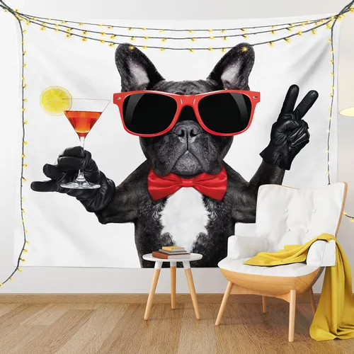 Vista 9 de Lunarable Tapiz divertido, bulldog francés sosteniendo cóctel Martini listo para la fiesta, vida nocturna, impresión de alegría, decoración de tela
