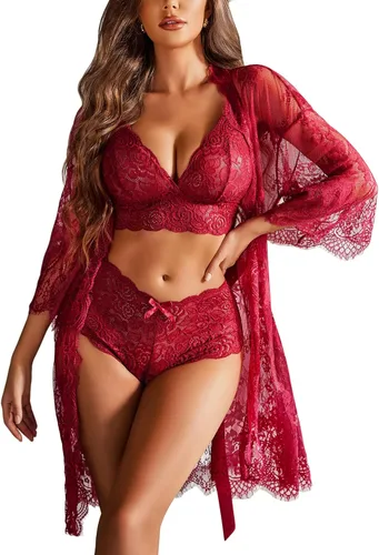 Vista 16 de Avidlove Conjunto de lencería de 3 piezas para mujer, bata de encaje Negro