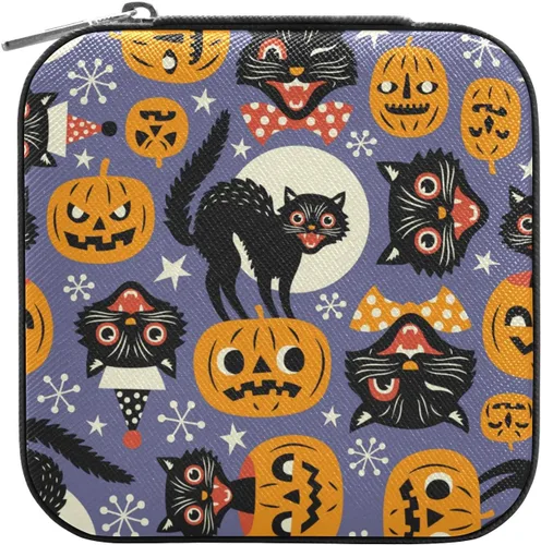 Vista 2 de Joyero de viaje de calabaza de gato negro de Halloween, caja de joyería portátil de piel sintética, organizador de viaje, pequeña caja de joyería
