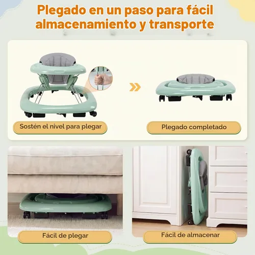 Vista 4 de Andador de bebé con ruedas, andador plegable de un solo toque y ajuste de Verde