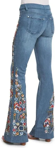 Vista 3 de Pantalones acampanados de pierna ancha con bordado floral, pantalones acampanados para mujer, pantalones de mezclilla con bordado de pierna retro