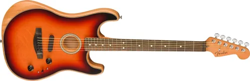 Vista 4 de Fender American Acoustasonic Stratocaster - Guitarra eléctrica acústica, 3 colores Sunburst, diapasón de ébano, con bolsa de concierto